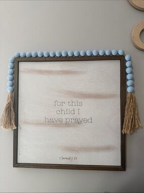 Wooden Nursery Wall Art Sign with Blue Bead Garland